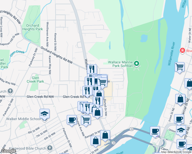 map of restaurants, bars, coffee shops, grocery stores, and more near 533 Taybin Road Northwest in Salem