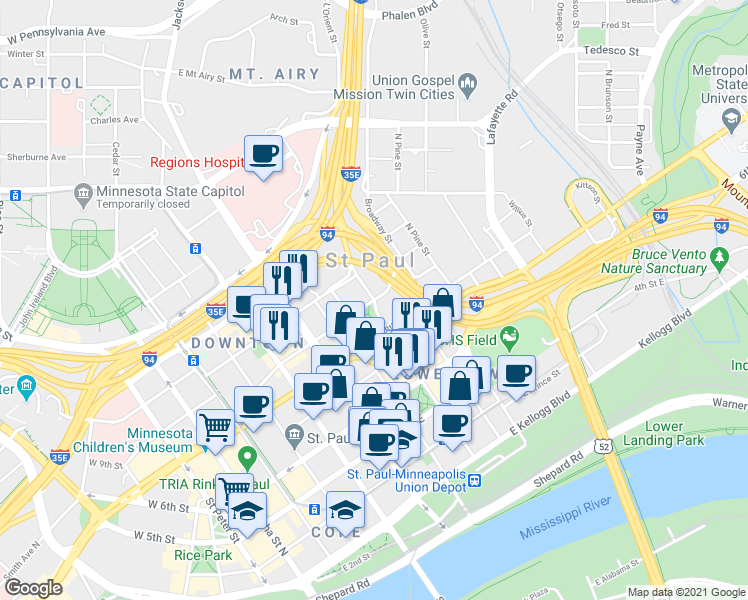 map of restaurants, bars, coffee shops, grocery stores, and more near 9th St E in St Paul