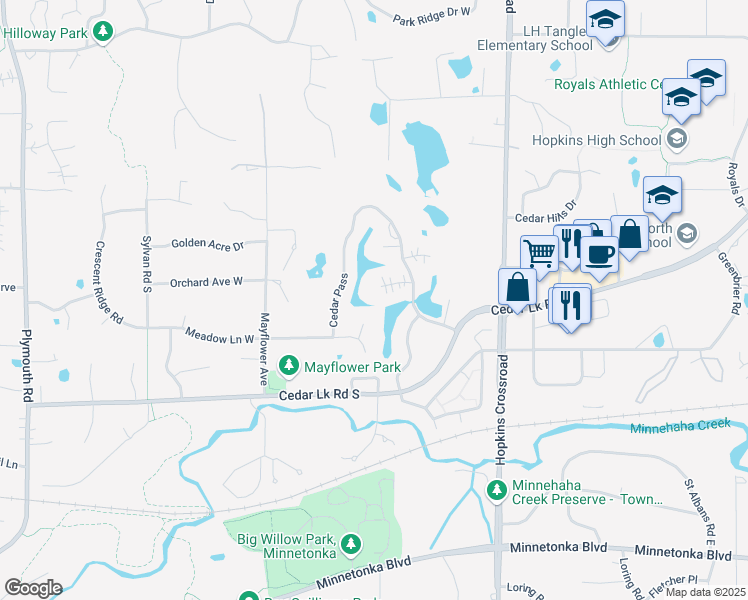 map of restaurants, bars, coffee shops, grocery stores, and more near 11475 Telluride Trail in Hopkins