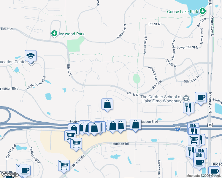 map of restaurants, bars, coffee shops, grocery stores, and more near 9220 Hudson Boulevard North in Lake Elmo