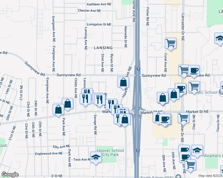 map of restaurants, bars, coffee shops, grocery stores, and more near 1822 32nd Place Northeast in Salem