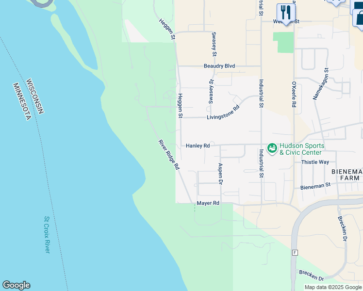 map of restaurants, bars, coffee shops, grocery stores, and more near 1210 Hanley Road in Hudson