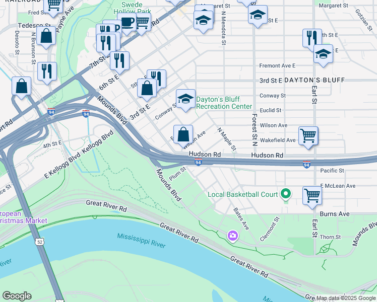 map of restaurants, bars, coffee shops, grocery stores, and more near 192 North Maria Avenue in Saint Paul