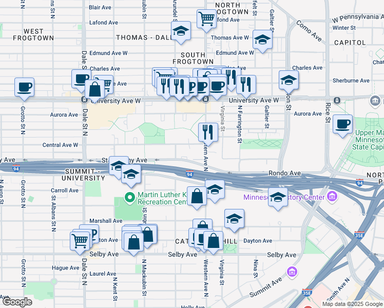 map of restaurants, bars, coffee shops, grocery stores, and more near 430 Saint Anthony Avenue in Saint Paul