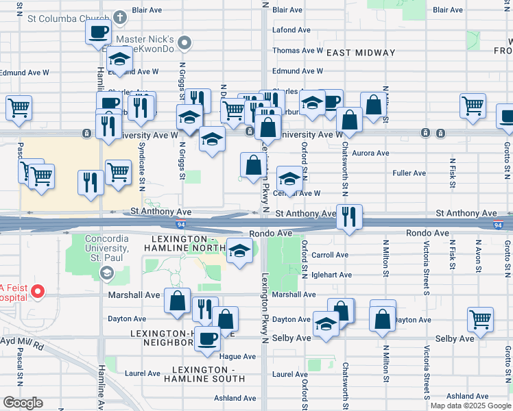 map of restaurants, bars, coffee shops, grocery stores, and more near 385 Lexington Parkway North in Saint Paul