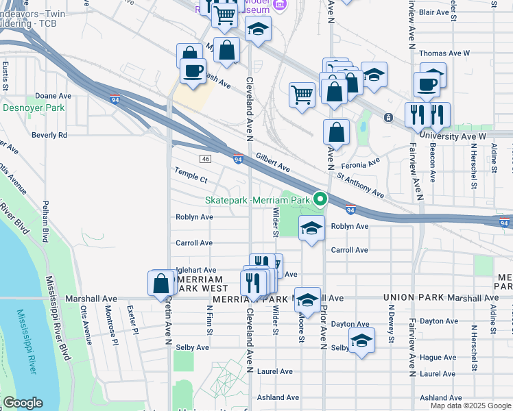 map of restaurants, bars, coffee shops, grocery stores, and more near in Saint Paul