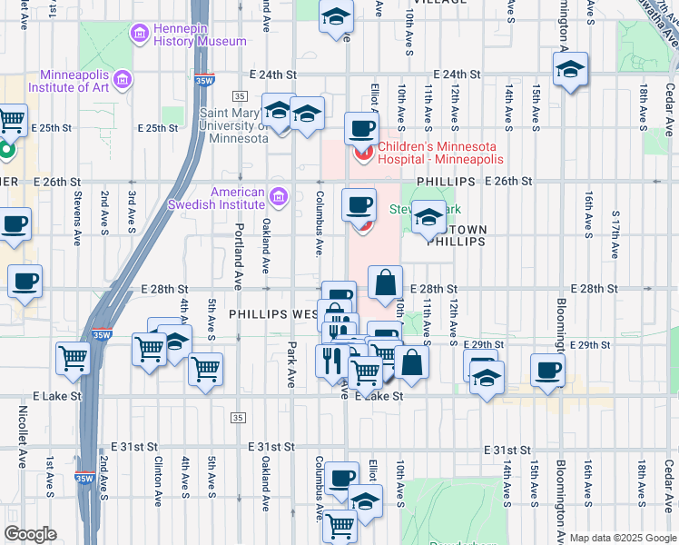 map of restaurants, bars, coffee shops, grocery stores, and more near 800e East 28th Street in Minneapolis