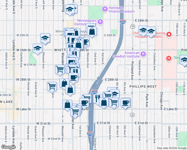 map of restaurants, bars, coffee shops, grocery stores, and more near in Minneapolis