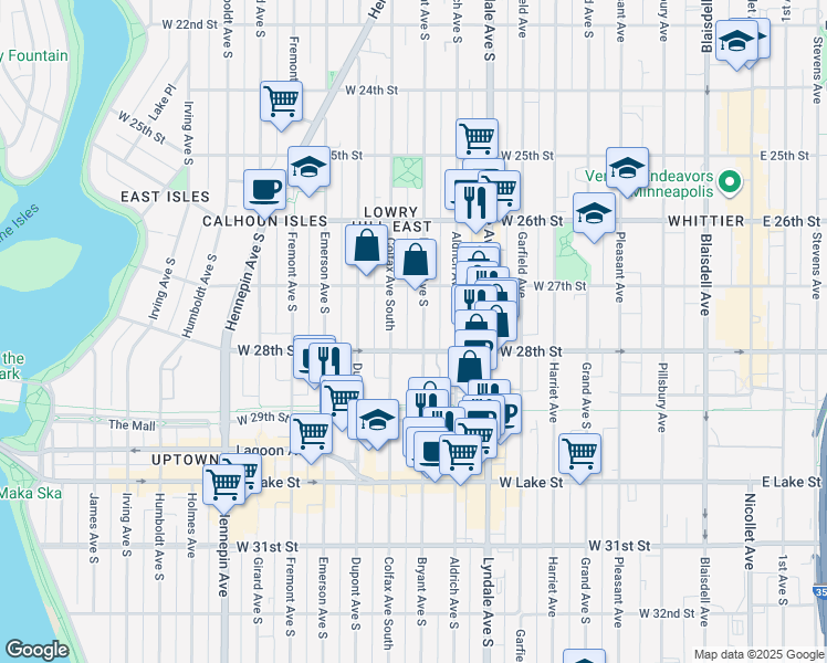 map of restaurants, bars, coffee shops, grocery stores, and more near 2752 Bryant Avenue South in Minneapolis