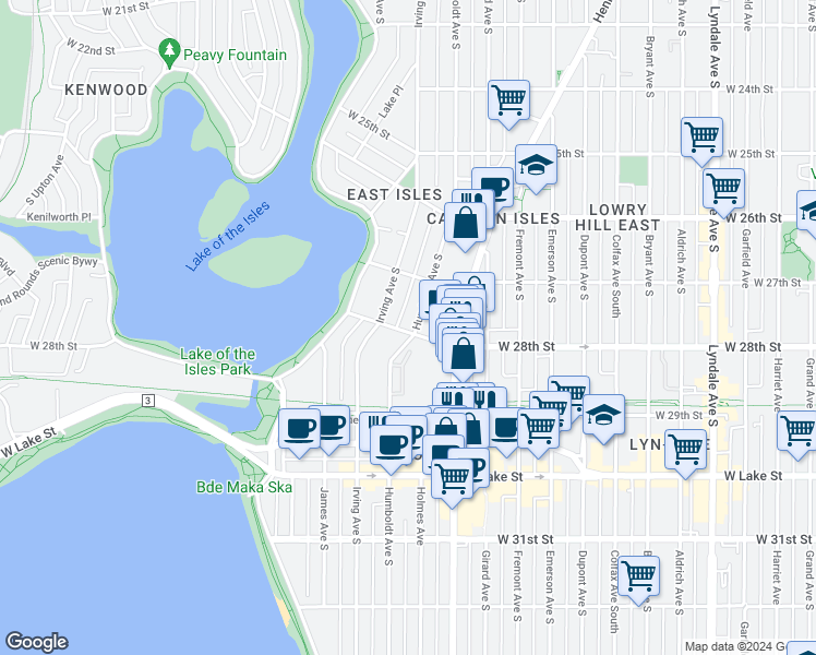 map of restaurants, bars, coffee shops, grocery stores, and more near 1501 West 28th Street in Minneapolis