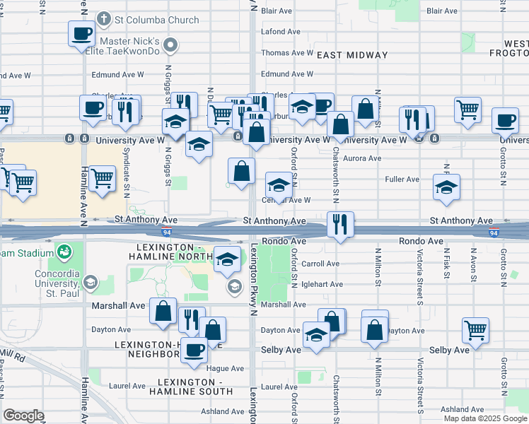 map of restaurants, bars, coffee shops, grocery stores, and more near 390 Lexington Parkway North in Saint Paul
