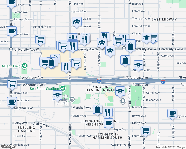 map of restaurants, bars, coffee shops, grocery stores, and more near 1247 St Anthony Ave in St Paul