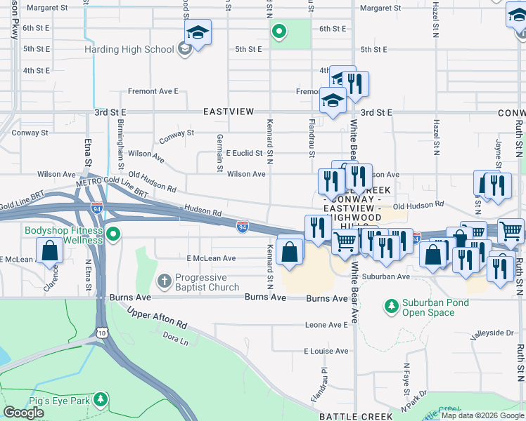 map of restaurants, bars, coffee shops, grocery stores, and more near 1624 Hudson Road in Saint Paul