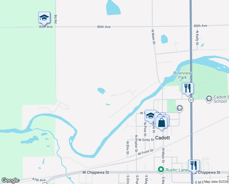 map of restaurants, bars, coffee shops, grocery stores, and more near 527 West Stacy Court in Cadott