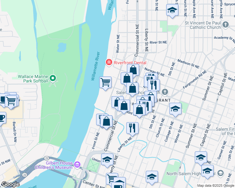 map of restaurants, bars, coffee shops, grocery stores, and more near 1170-1180 Front St NE in Salem
