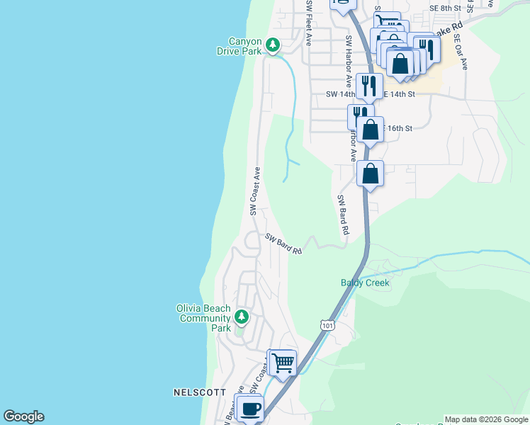 map of restaurants, bars, coffee shops, grocery stores, and more near 2246 Southwest Coast Avenue in Lincoln City