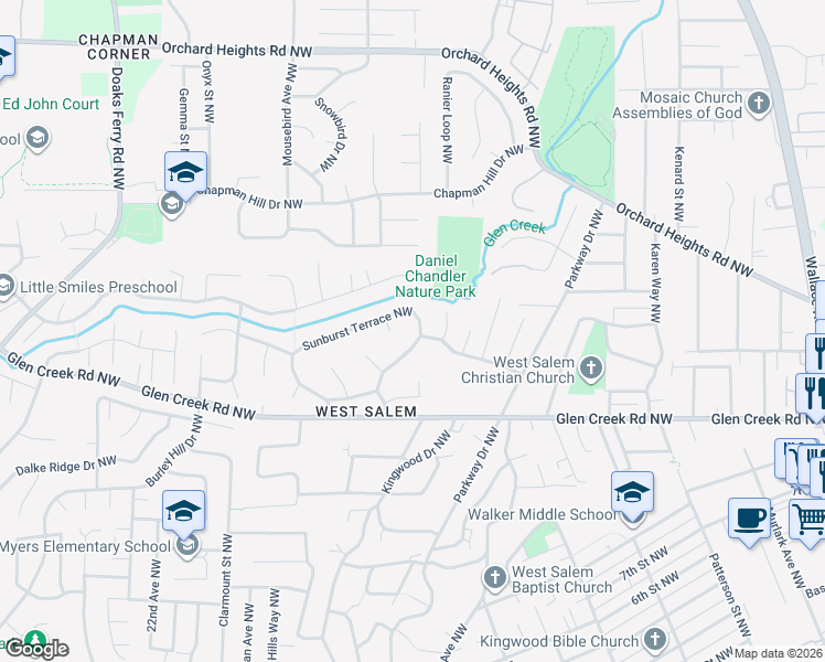 map of restaurants, bars, coffee shops, grocery stores, and more near 1752 Sunburst Terrace Northwest in Salem
