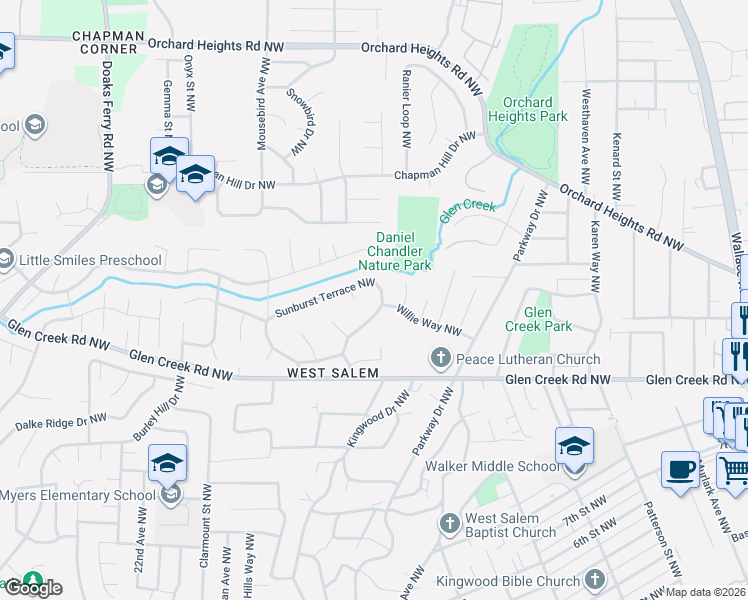 map of restaurants, bars, coffee shops, grocery stores, and more near 1752 Sunburst Terrace Northwest in Salem
