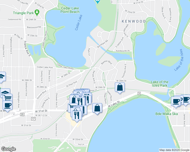 map of restaurants, bars, coffee shops, grocery stores, and more near 2793 Xerxes Avenue South in Minneapolis