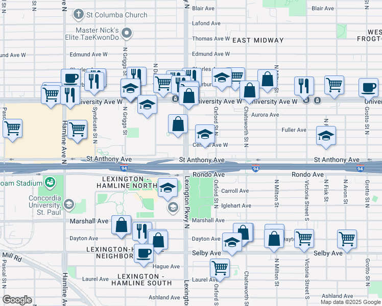 map of restaurants, bars, coffee shops, grocery stores, and more near 390 Lexington Parkway North in Saint Paul