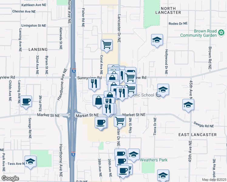 map of restaurants, bars, coffee shops, grocery stores, and more near 1895 Lancaster Drive Northeast in Salem