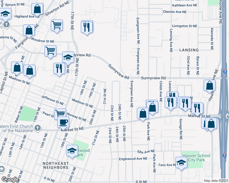 map of restaurants, bars, coffee shops, grocery stores, and more near 1875 23rd Street Northeast in Salem