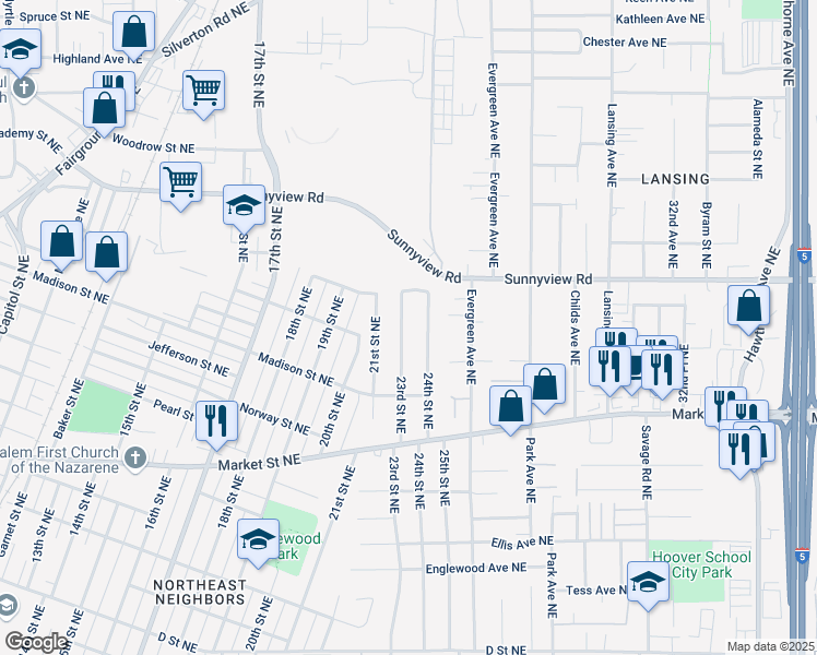 map of restaurants, bars, coffee shops, grocery stores, and more near 1875 23rd Street Northeast in Salem