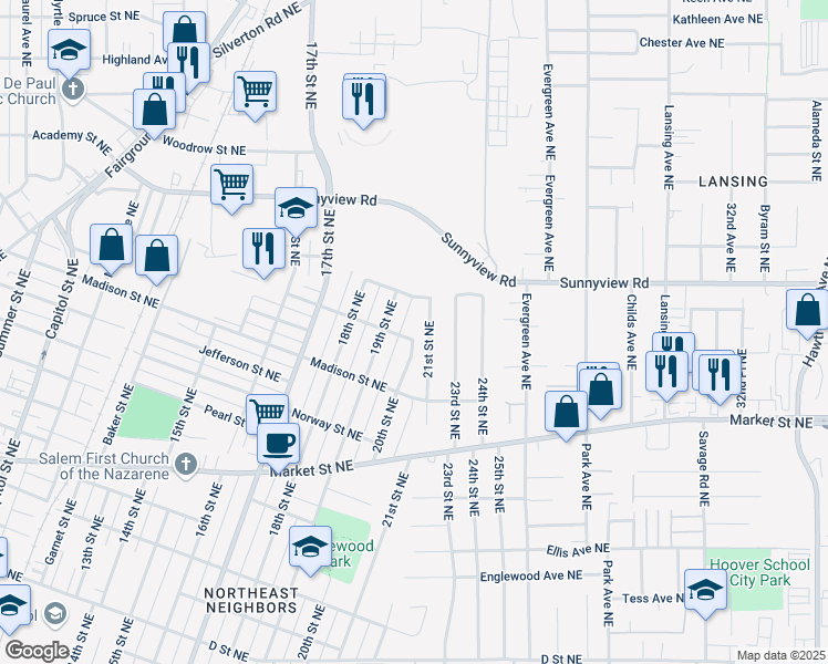 map of restaurants, bars, coffee shops, grocery stores, and more near 1912 20th Street Northeast in Salem