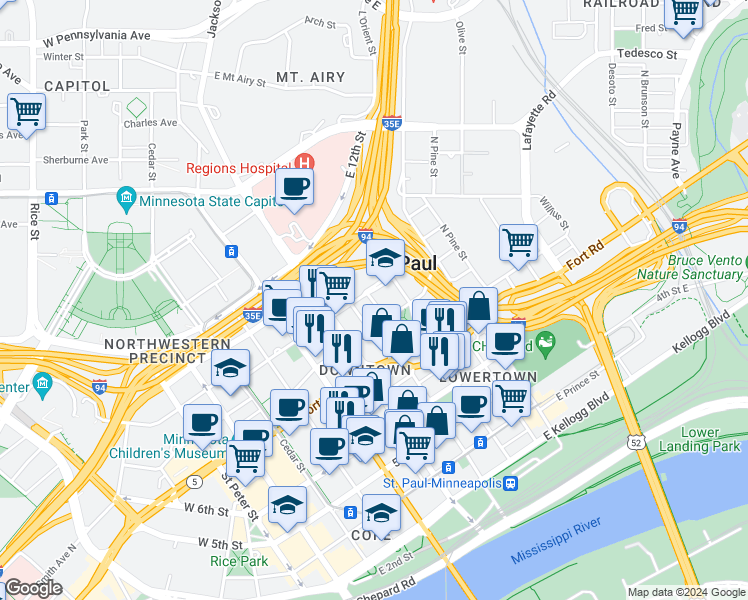 map of restaurants, bars, coffee shops, grocery stores, and more near 490 North Temperance Street in Saint Paul