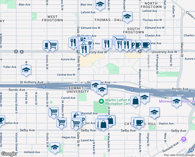 map of restaurants, bars, coffee shops, grocery stores, and more near Saint Anthony Avenue in Saint Paul