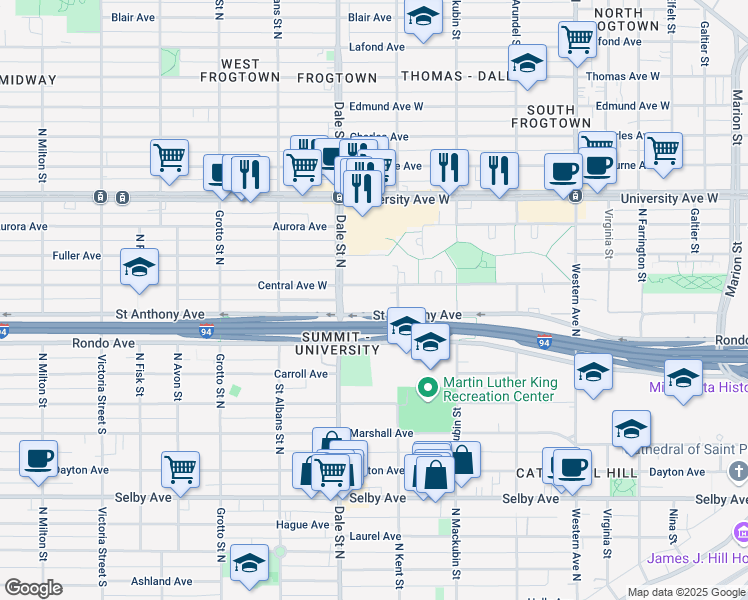 map of restaurants, bars, coffee shops, grocery stores, and more near 581 Saint Anthony Avenue in Saint Paul