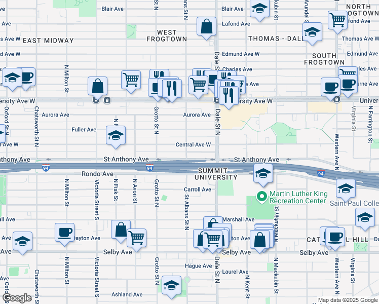 map of restaurants, bars, coffee shops, grocery stores, and more near 683 Saint Anthony Avenue in Saint Paul