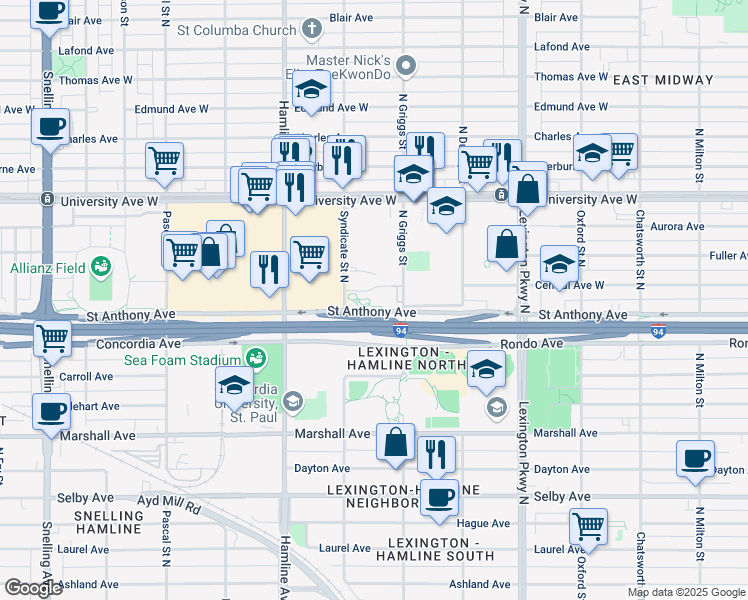 map of restaurants, bars, coffee shops, grocery stores, and more near 1247 Saint Anthony Avenue in Saint Paul