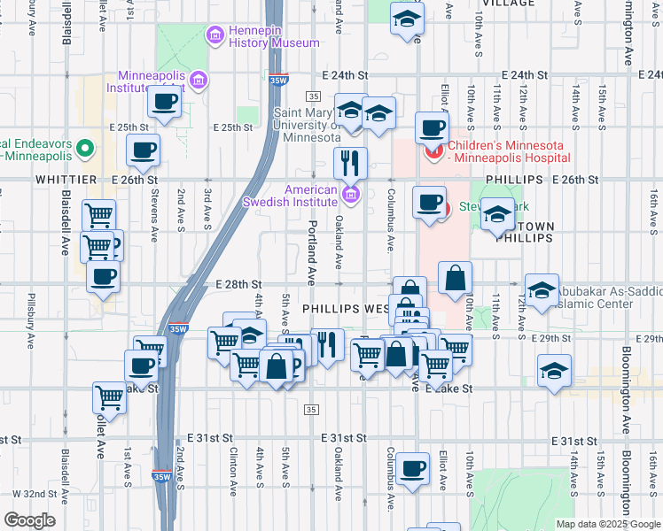 map of restaurants, bars, coffee shops, grocery stores, and more near 2748 Oakland Avenue in Minneapolis