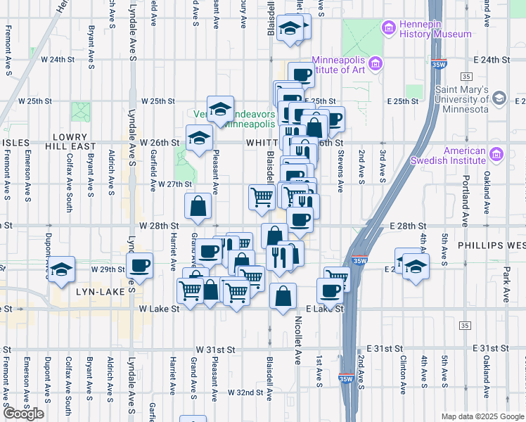 map of restaurants, bars, coffee shops, grocery stores, and more near 116 West 28th Street in Minneapolis