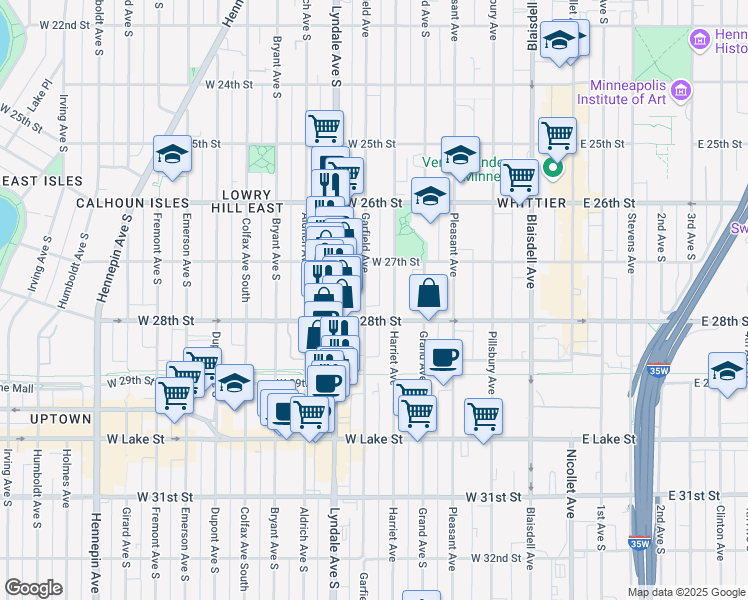 map of restaurants, bars, coffee shops, grocery stores, and more near in Minneapolis
