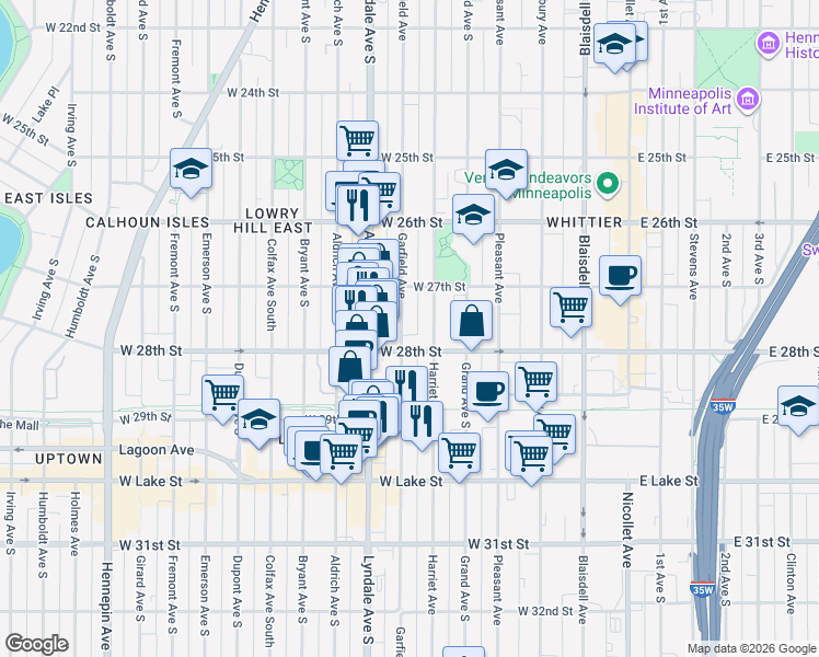 map of restaurants, bars, coffee shops, grocery stores, and more near in Minneapolis