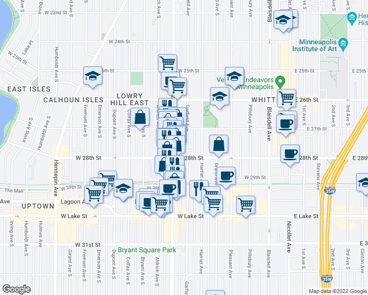 map of restaurants, bars, coffee shops, grocery stores, and more near in Minneapolis