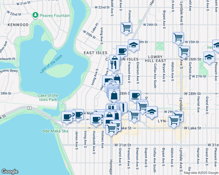 map of restaurants, bars, coffee shops, grocery stores, and more near 1420 West 28th Street in Minneapolis