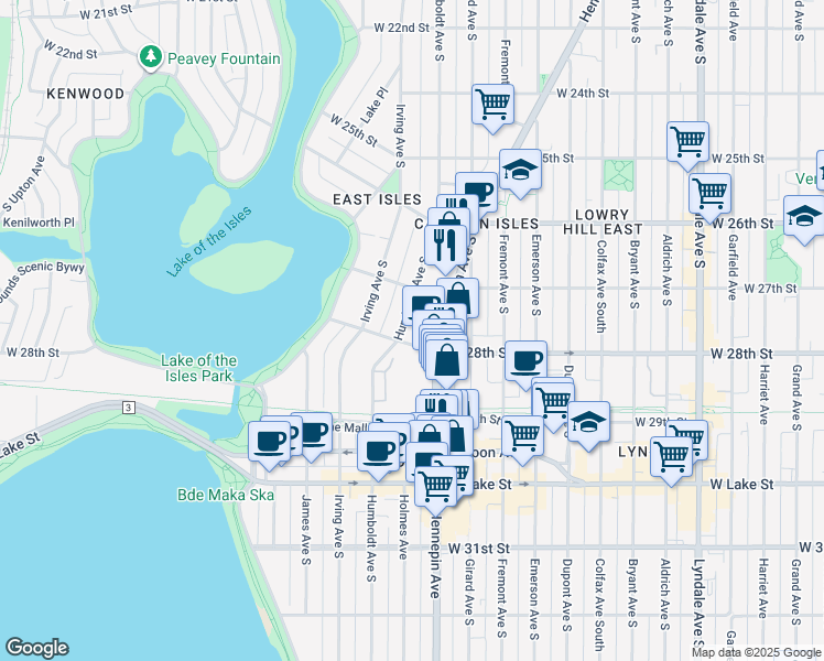 map of restaurants, bars, coffee shops, grocery stores, and more near 1501 West 28th Street in Minneapolis