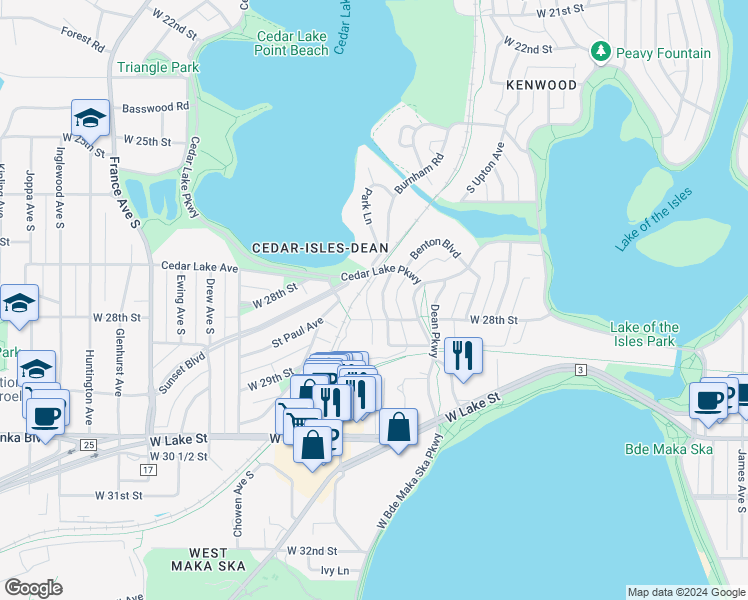 map of restaurants, bars, coffee shops, grocery stores, and more near 3112 West 28th Street in Minneapolis