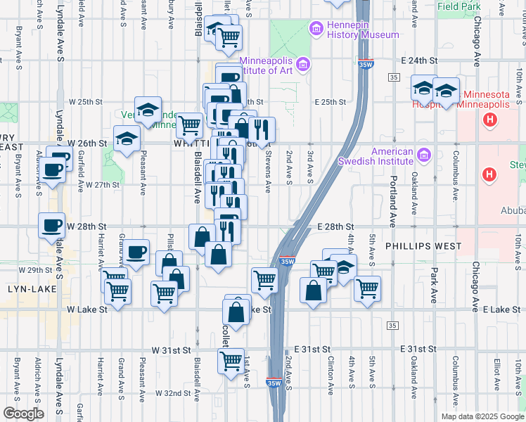 map of restaurants, bars, coffee shops, grocery stores, and more near 2732 Stevens Avenue in Minneapolis