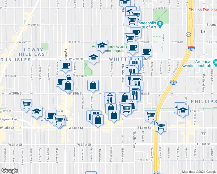 map of restaurants, bars, coffee shops, grocery stores, and more near 2732 Pillsbury Avenue South in Minneapolis