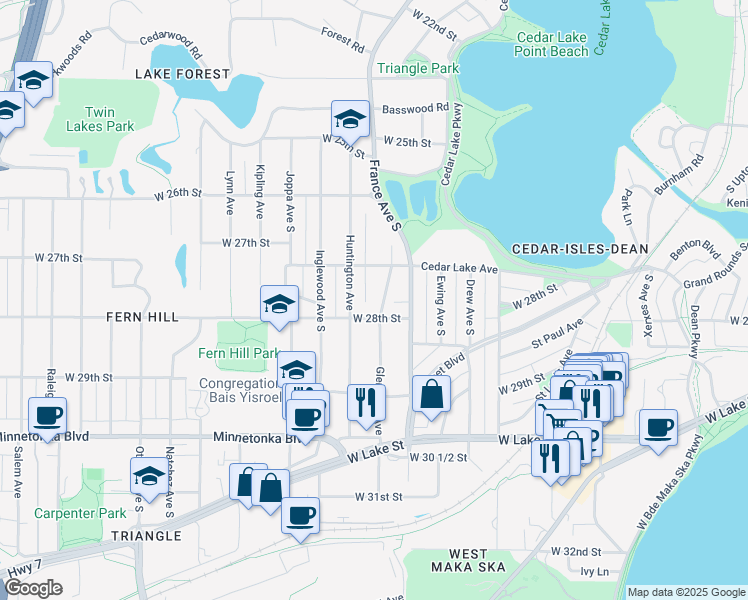 map of restaurants, bars, coffee shops, grocery stores, and more near 2801 Glenhurst Avenue in Minneapolis
