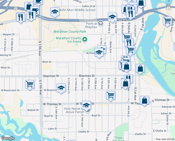 map of restaurants, bars, coffee shops, grocery stores, and more near 837 South 10th Avenue in Wausau