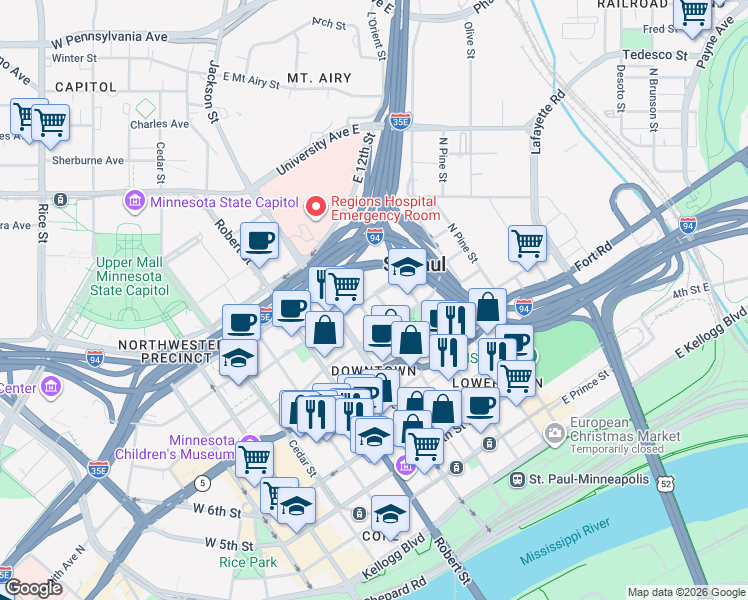 map of restaurants, bars, coffee shops, grocery stores, and more near 490 North Temperance Street in Saint Paul