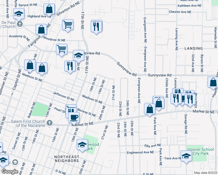 map of restaurants, bars, coffee shops, grocery stores, and more near 1912 20th Street Northeast in Salem