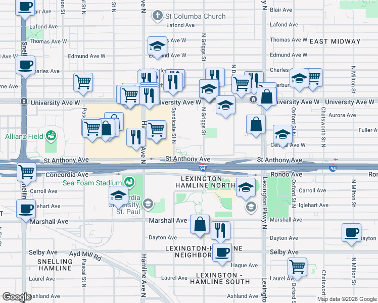map of restaurants, bars, coffee shops, grocery stores, and more near 1247 St Anthony Ave in St Paul