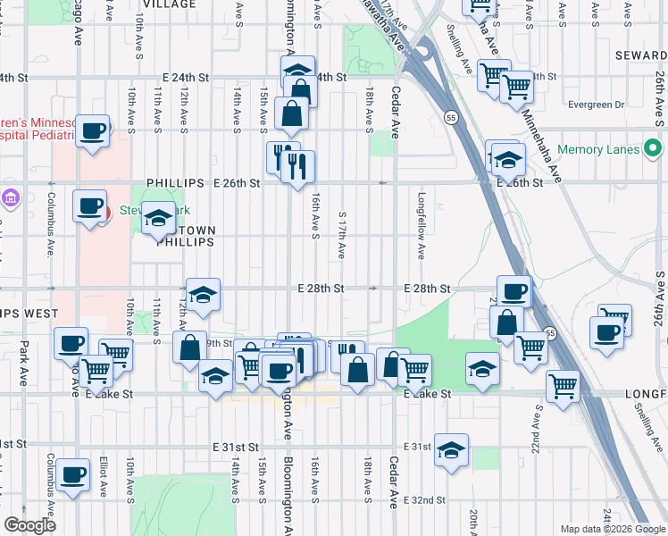map of restaurants, bars, coffee shops, grocery stores, and more near 2744 South 17th Avenue in Minneapolis