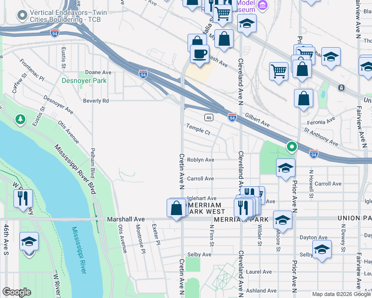 map of restaurants, bars, coffee shops, grocery stores, and more near 376 Cretin Avenue North in Saint Paul